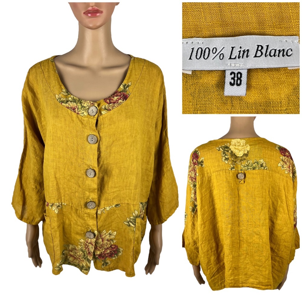 100% Lin Blanc Linen Blouse Top 38 M Art To Wear Lagenlook Pockets Made in Italy